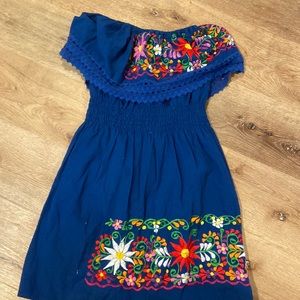 Blue dress with Flower trimmed mexican style